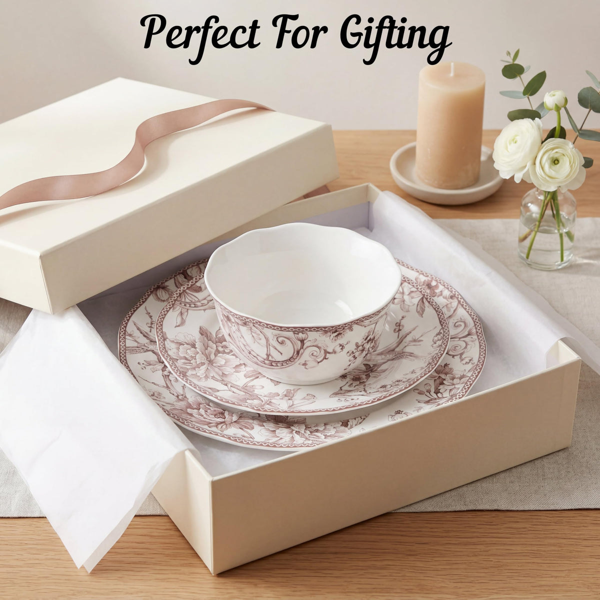 Brown on White 12-Piece Porcelain Dinnerware Set H217827