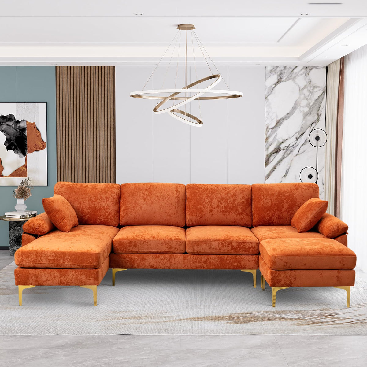 114" U-Shaped Velvet Sectional Couch with Ottoman B1099