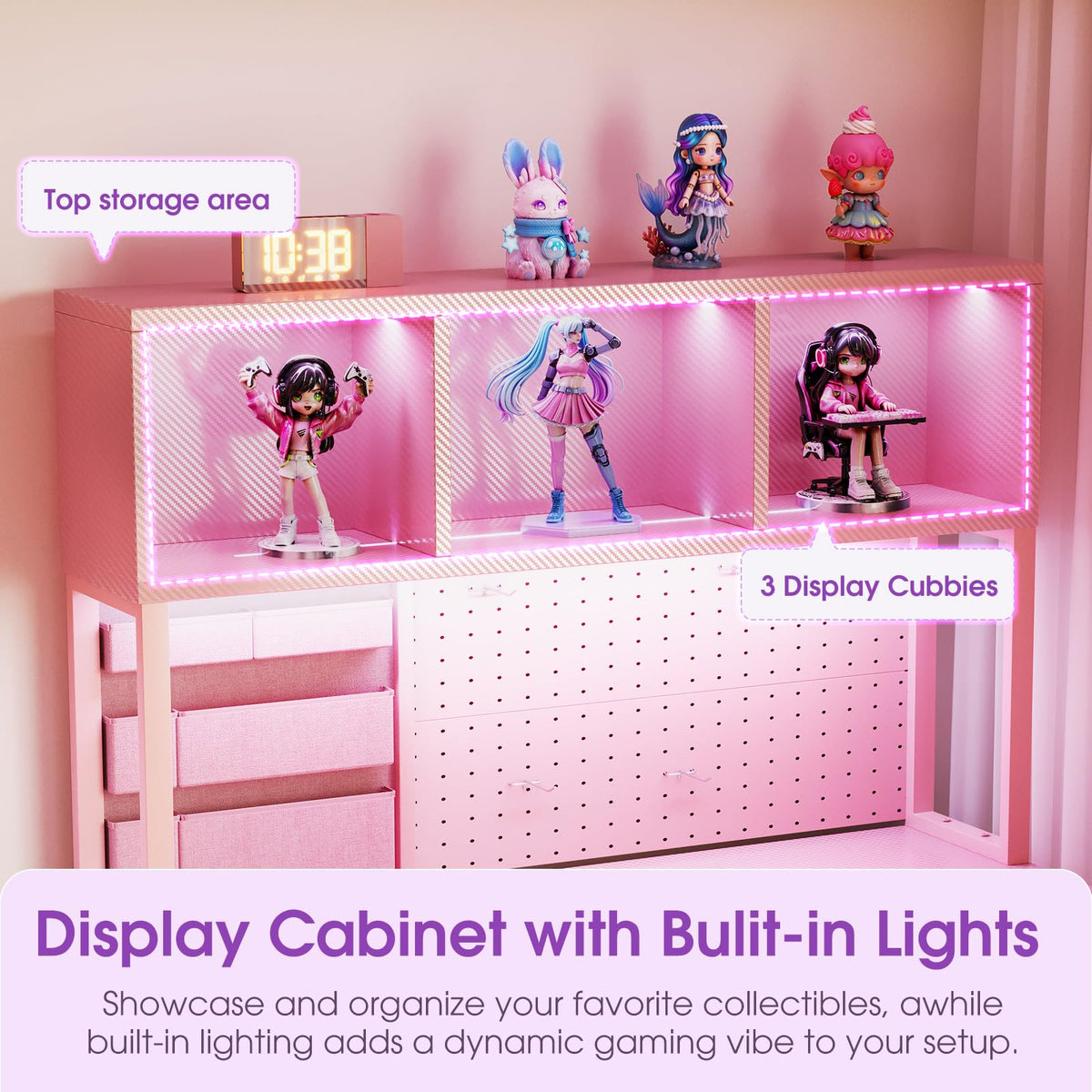 53" L Shaped Gaming Desk with Pegboard, Hutch & 4 Drawers, Pink R4256