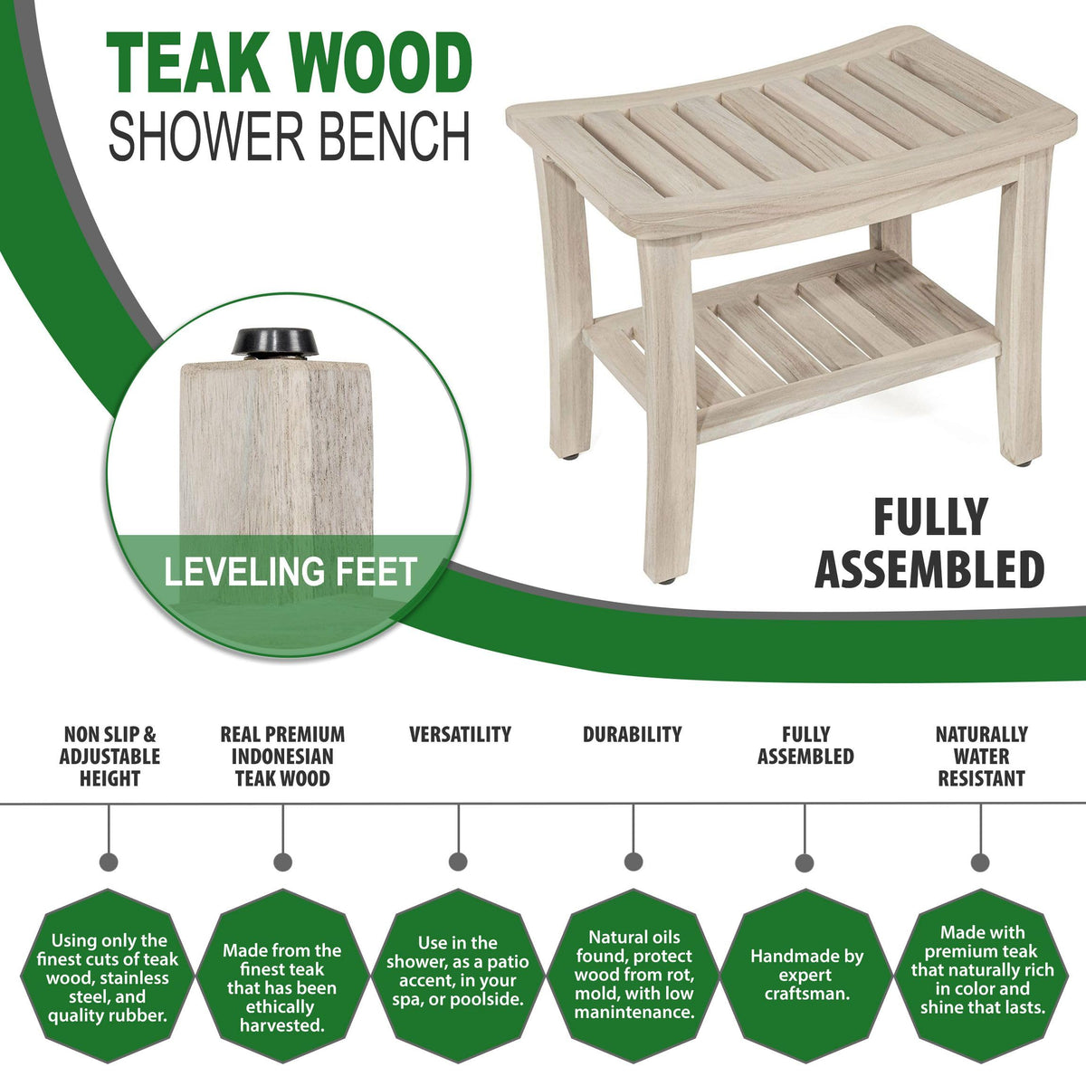Gray Teak Shower Bench with Shelf 21 Inch F9323