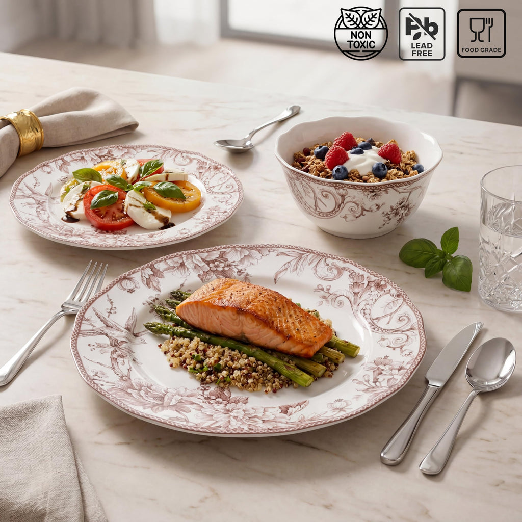 Brown on White 12-Piece Porcelain Dinnerware Set H217827