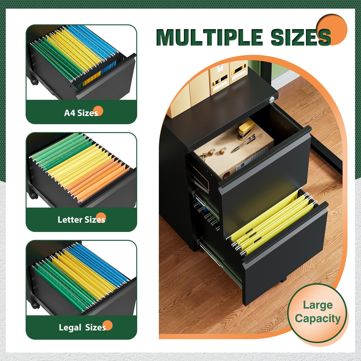 2 Drawer Black Metal Mobile File Cabinet with Lock Q269