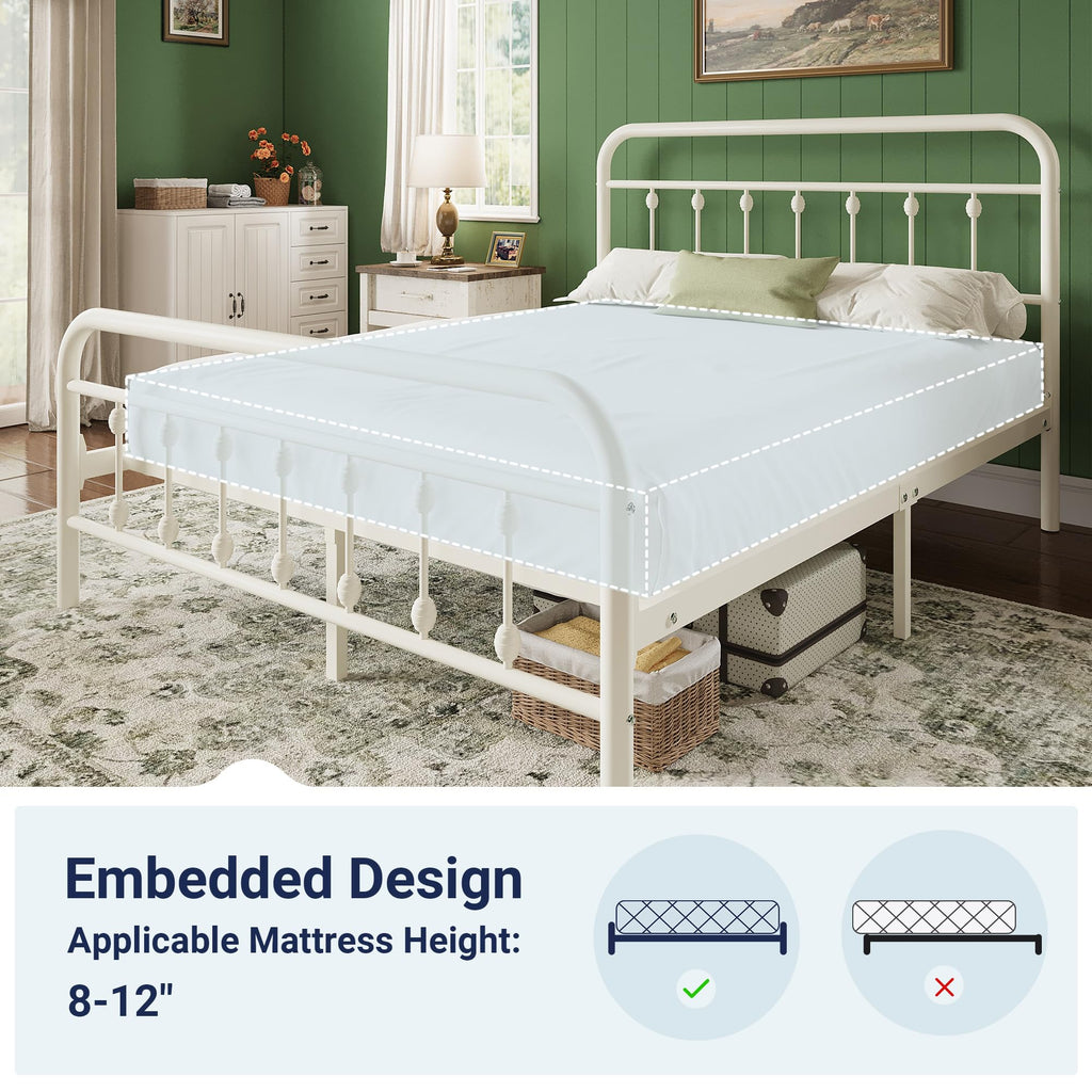 14 Inches Full Size Off White Metal Platform Bed Frame O4256