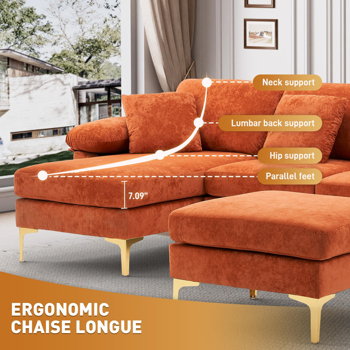 114" U-Shaped Velvet Sectional Couch with Ottoman B1099