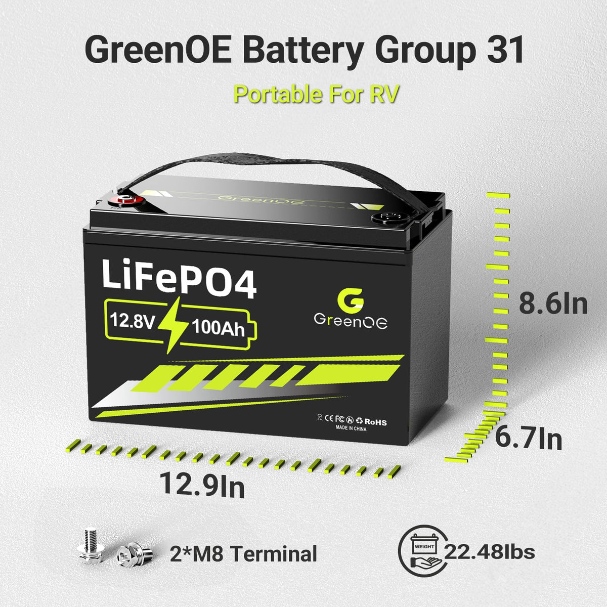 12V 100Ah LiFePO4 Deep Cycle Battery with 100A BMS V64624