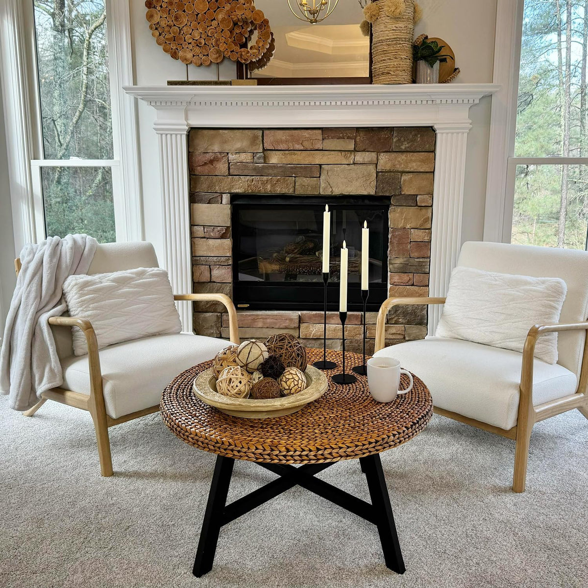 32 Inch Round Handwoven Seagrass Coffee Table with Pine Wood X Base L475245