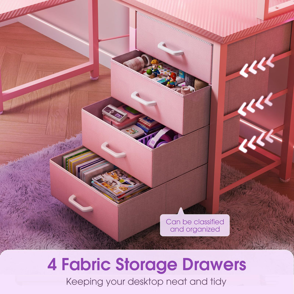 53" L Shaped Gaming Desk with Pegboard, Hutch & 4 Drawers, Pink R4256