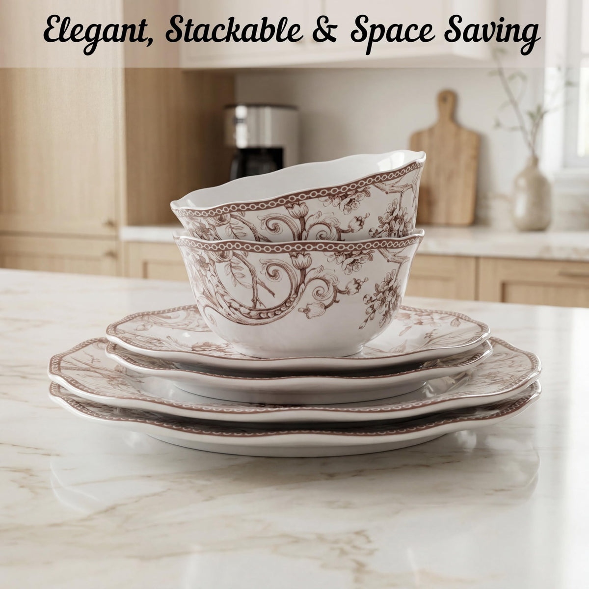 Brown on White 12-Piece Porcelain Dinnerware Set H217827