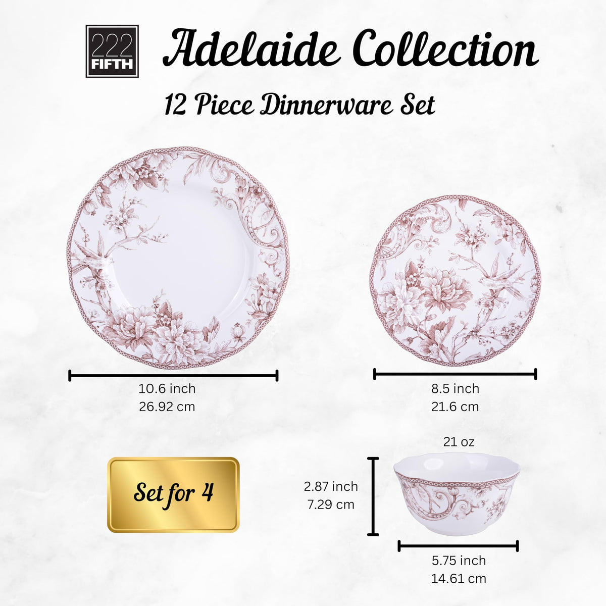 Brown on White 12-Piece Porcelain Dinnerware Set H217827