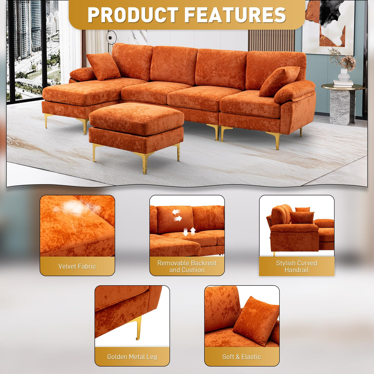 114" U-Shaped Velvet Sectional Couch with Ottoman B1099