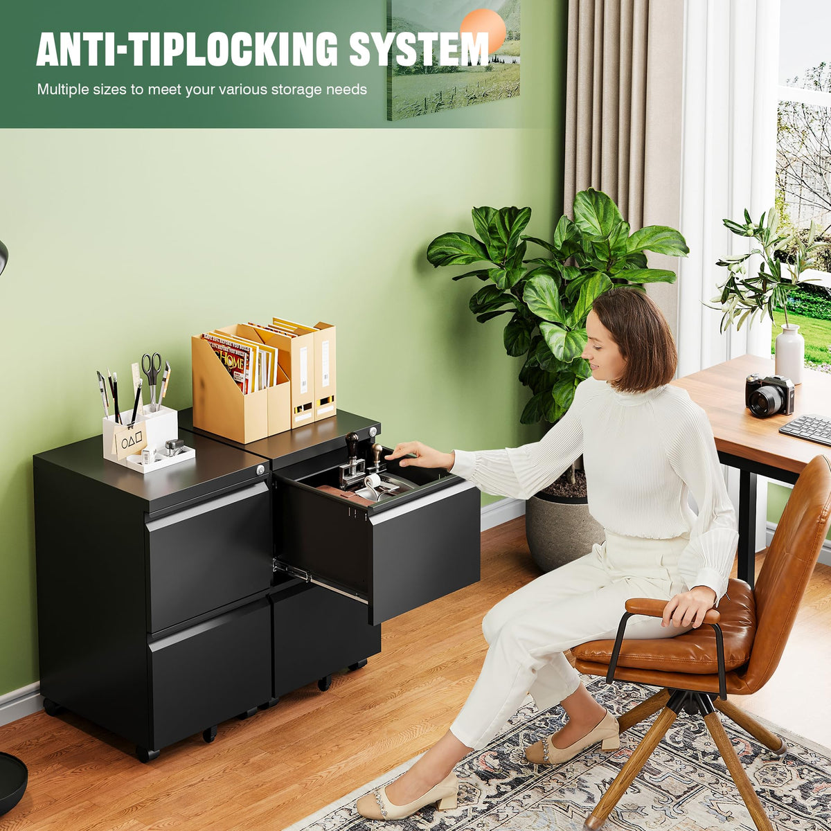 2 Drawer Black Metal Mobile File Cabinet with Lock Q269