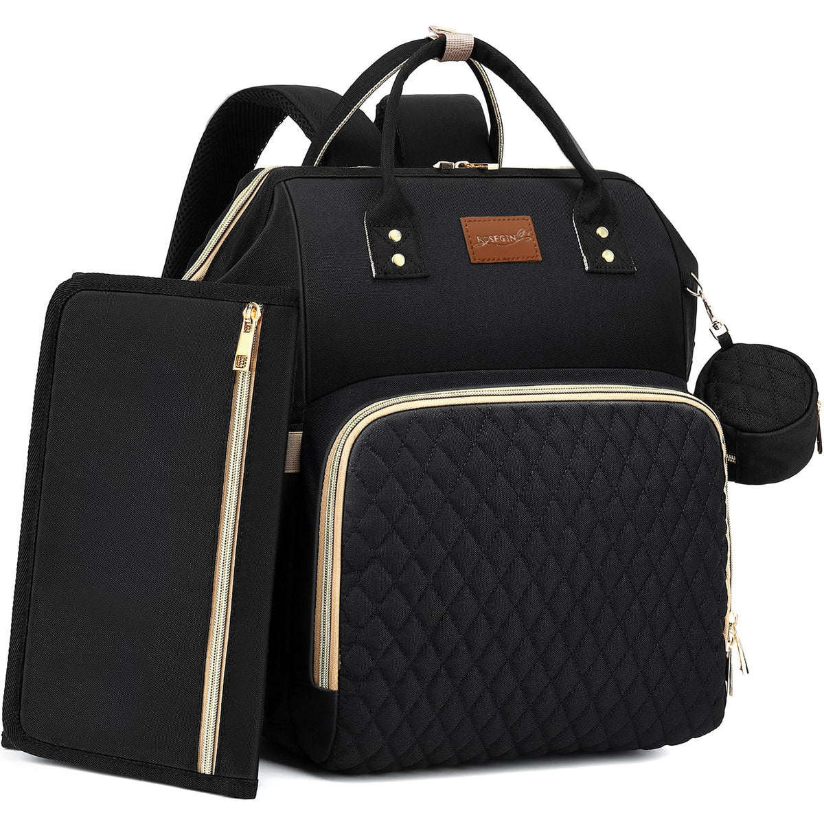 Black Waterproof Quilted Diaper Bag Backpack with Changing Pad O7941
