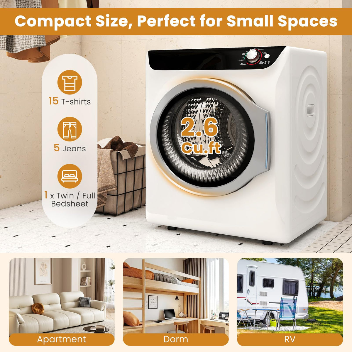2.6 CU. FT. White Compact Electric Clothes Dryer with Stainless Steel Tub H429