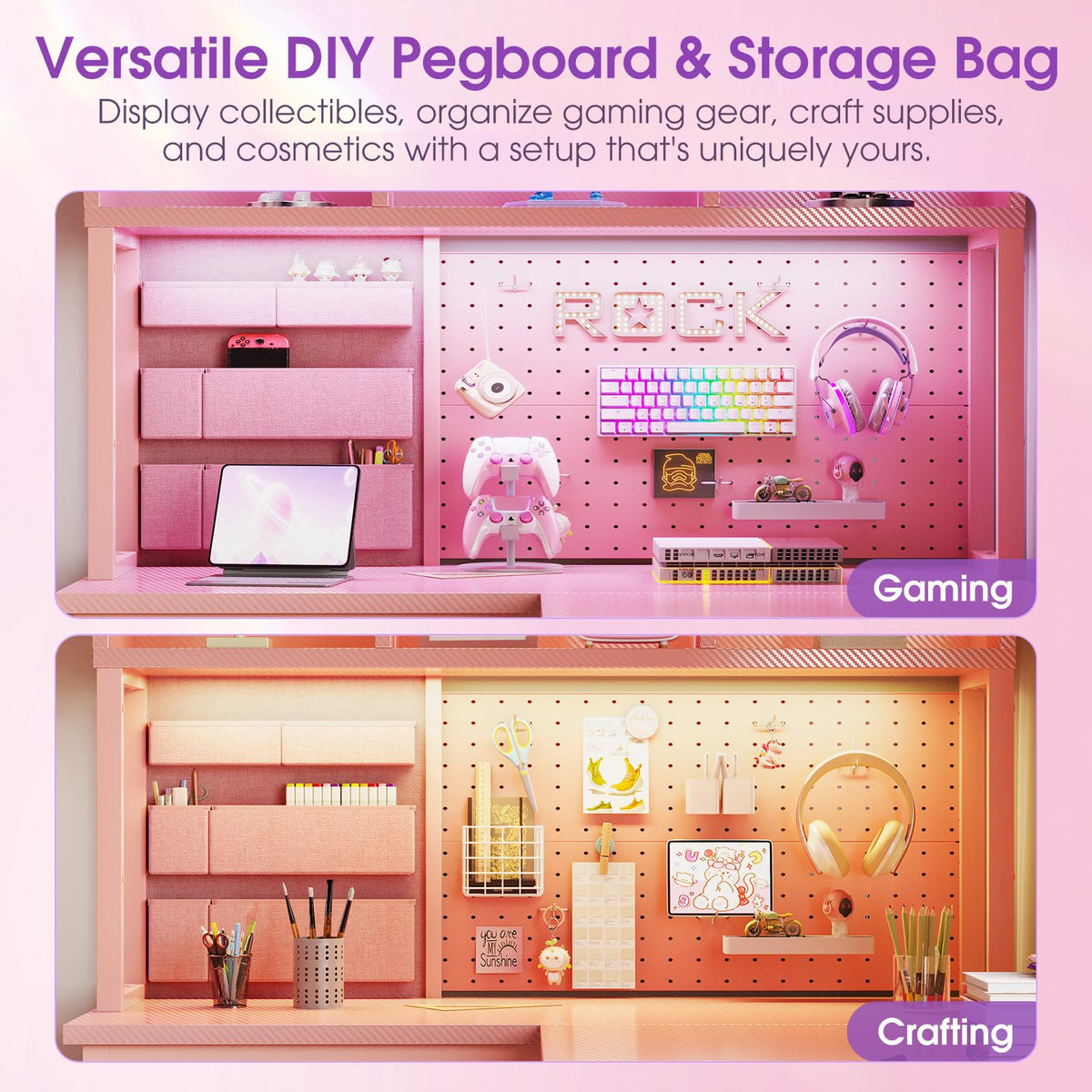 53" L Shaped Gaming Desk with Pegboard, Hutch & 4 Drawers, Pink R4256