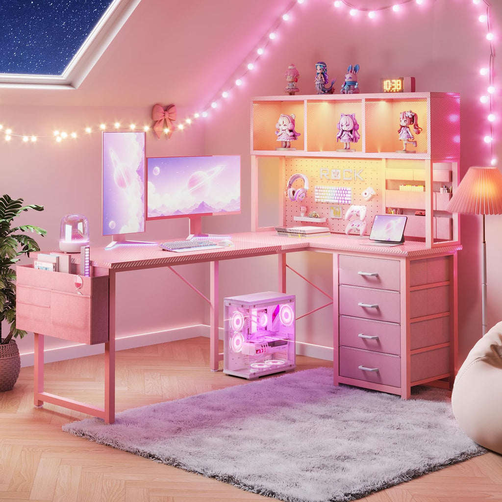 53" L Shaped Gaming Desk with Pegboard, Hutch & 4 Drawers, Pink R4256