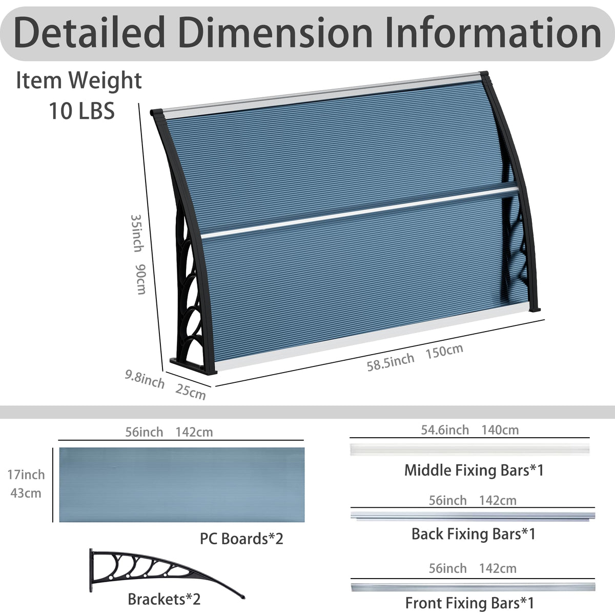 58.5x35 Inch Polycarbonate Patio Awning U212057