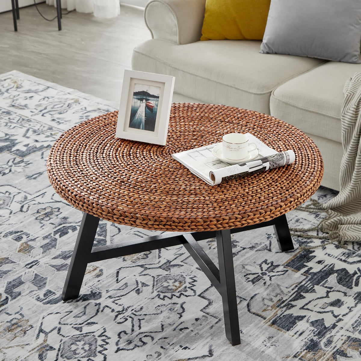 32 Inch Round Handwoven Seagrass Coffee Table with Pine Wood X Base L475245