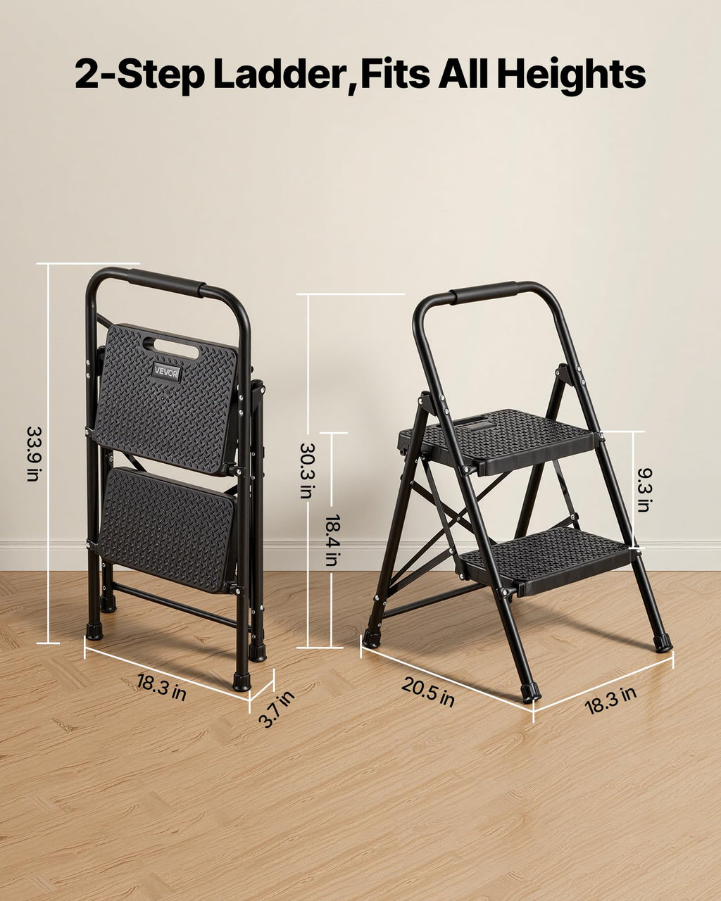 2 Step Folding Steel Ladder 600 lbs Capacity Black S72635