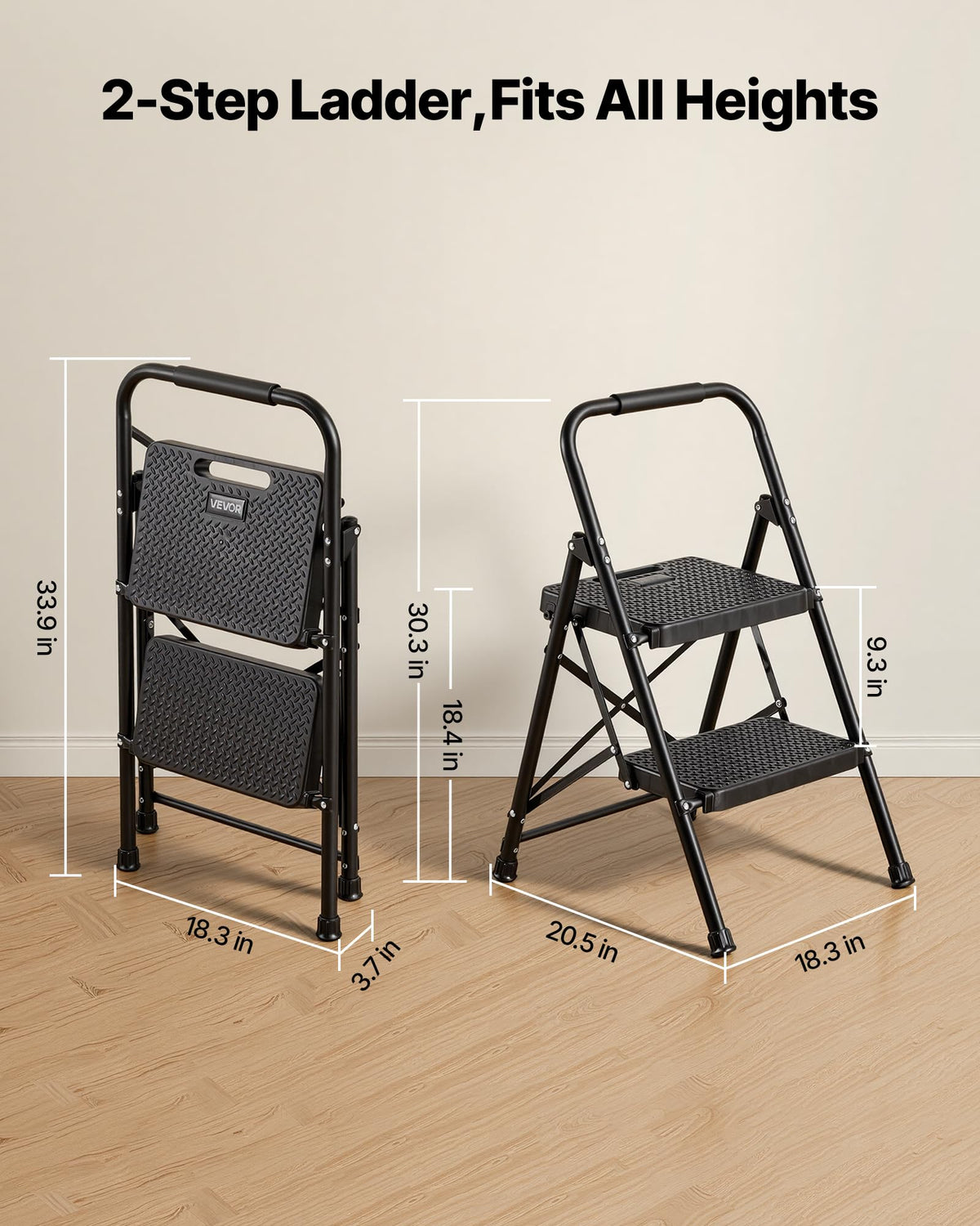 2 Step Folding Steel Ladder 600 lbs Capacity Black S72635