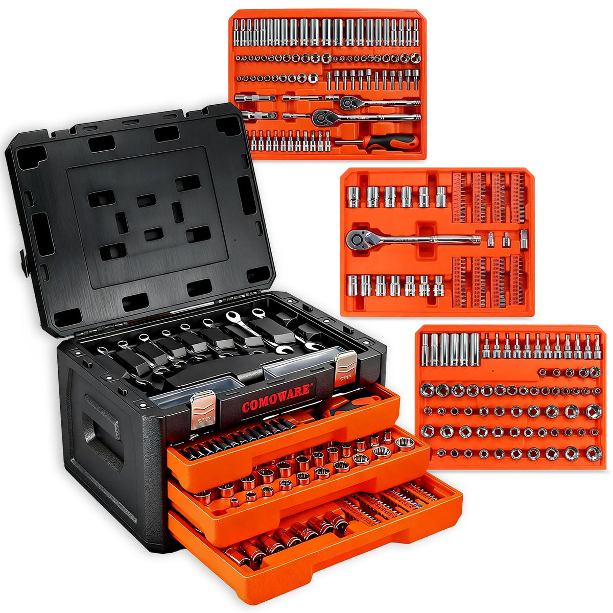 320-Piece Mechanic Tool Set with Case, 1/4" 3/8" 1/2" Drive SAE & Metric Socket Wrench Set, CR-V Steel X872711
