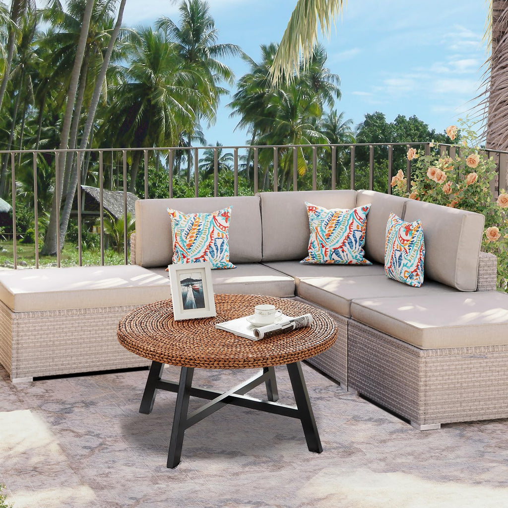 32 Inch Round Handwoven Seagrass Coffee Table with Pine Wood X Base L475245
