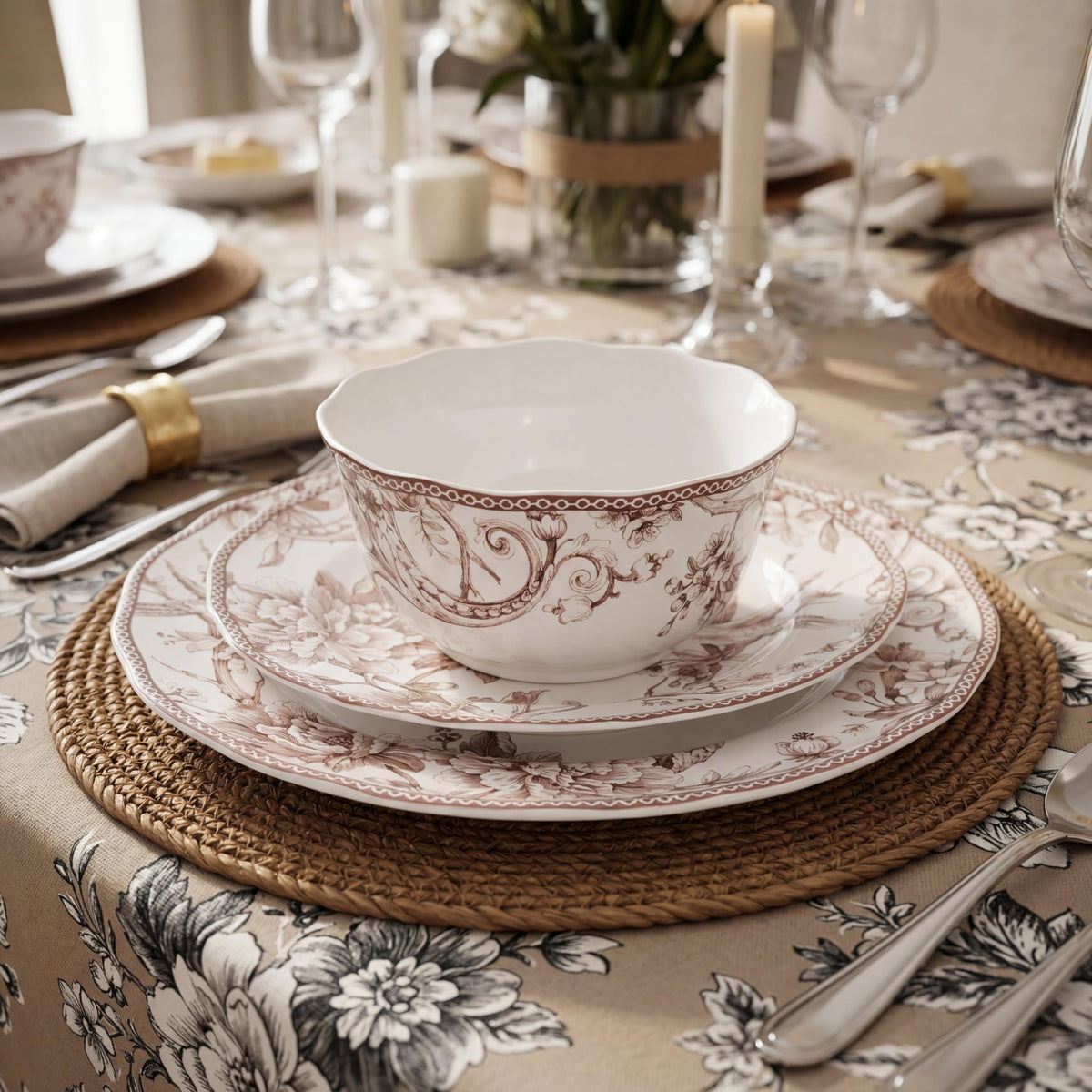Brown on White 12-Piece Porcelain Dinnerware Set H217827