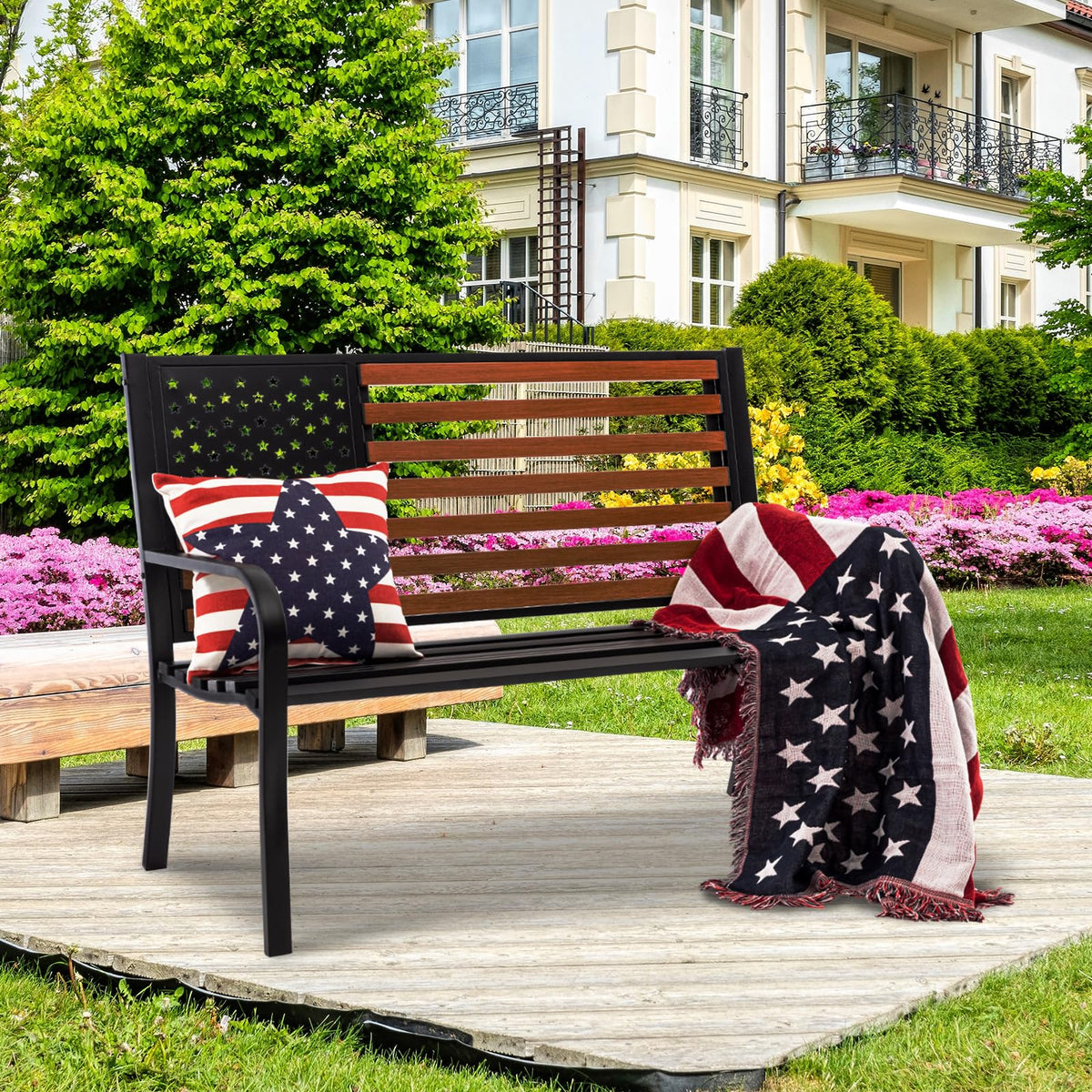 50” Outdoor Garden Bench with Flag Style Cast Iron Metal Frame W505