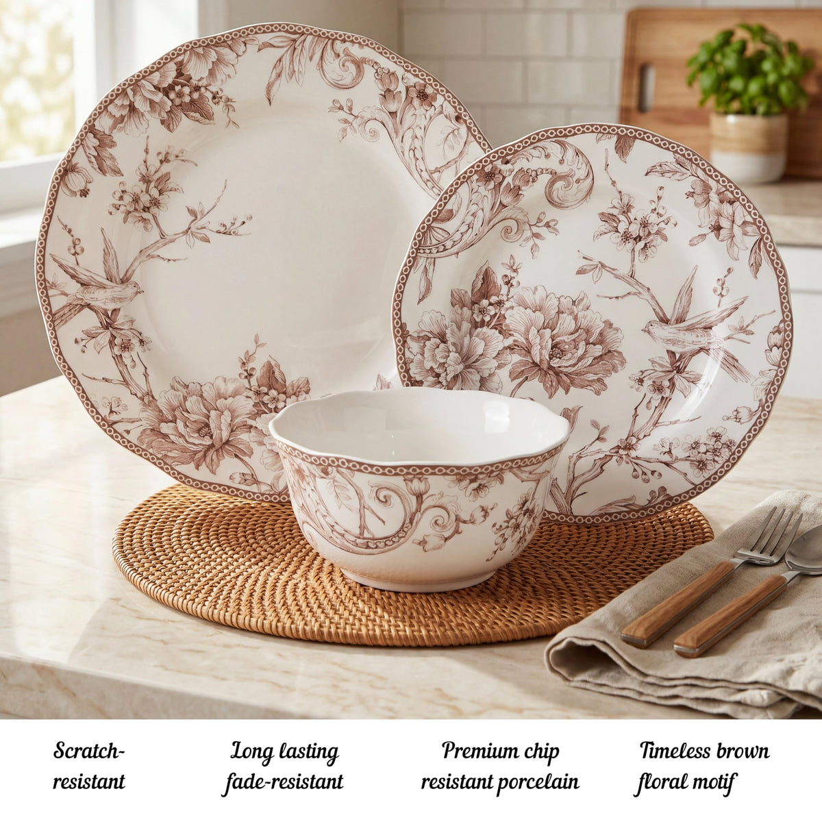 Brown on White 12-Piece Porcelain Dinnerware Set H217827