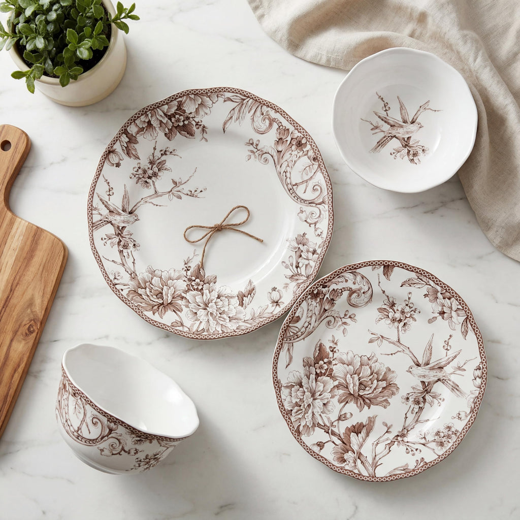Brown on White 12-Piece Porcelain Dinnerware Set H217827